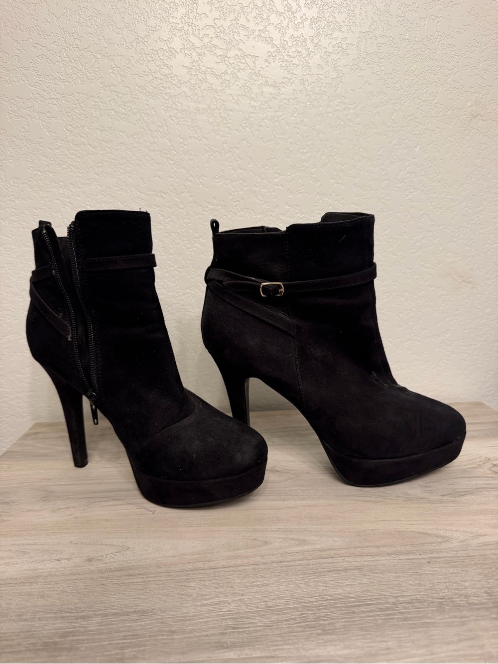 H&M Black Suede Platform Ankle Boots with Strap Detail